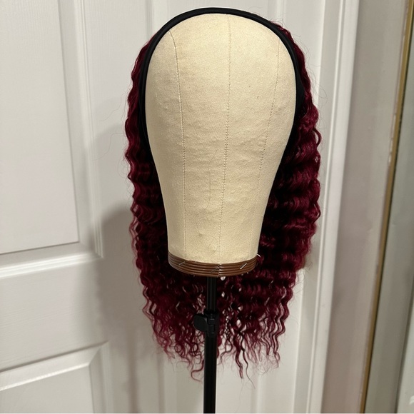 20” Burgundy 99J Deep Wave Headband wig 100% Human Hair 150% Density It#SD - Picture 4 of 12